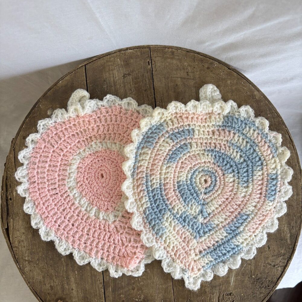Vintage Crochet Potholders Set of 2 Pink Blue Cream Handmade Scalloped